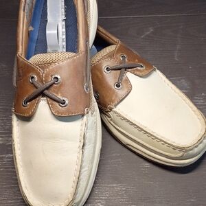 Sperry Cream & Brown Leather Two-Tone Boat Shoes. Men's 10M Nice Pre-owned!!!